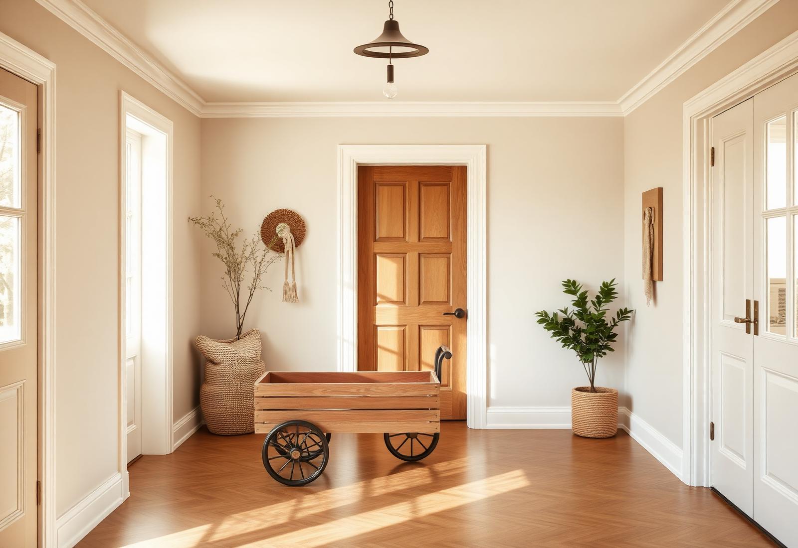 A warm, naturally lit home entryway with a Wren oak and sage wagon